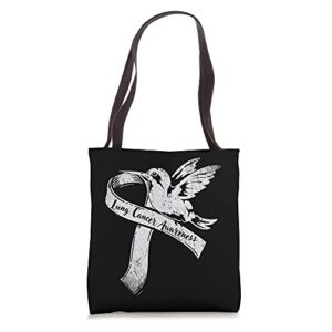 white ribbon fighter hummingbird lung cancer awareness tote bag