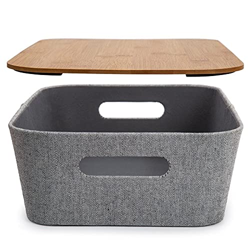 Truu Design Modern Woven Paper Fabric Storage Basket with Bamboo Lid in Gray