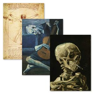 3 pack – vitruvian man by leonardo da vinci + the old guitarist by pablo picasso + van gogh skeleton poster – fine art prints (laminated, 18″ x 24″)