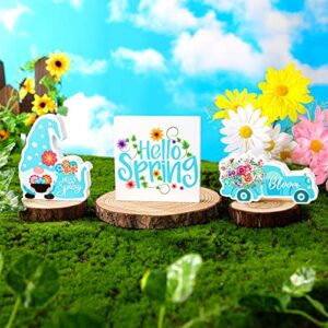 3 Pieces Hello Spring Tiered Tray Decor Easter Tiered Tray Decorations Rustic Spring Wooden Sign Farmhouse Mini Flower Bloom Table Signs for Spring Parties Holidays Table Home Room Decorations