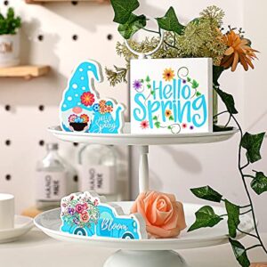 3 Pieces Hello Spring Tiered Tray Decor Easter Tiered Tray Decorations Rustic Spring Wooden Sign Farmhouse Mini Flower Bloom Table Signs for Spring Parties Holidays Table Home Room Decorations