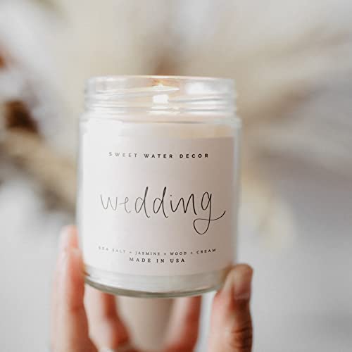 Sweet Water Decor, Wedding Day, Sea Salt, Jasmine, Cream, and Wood Scented Soy Wax Candle for Home | 9oz Clear Jar, 40 Hour Burn Time, Made in the USA