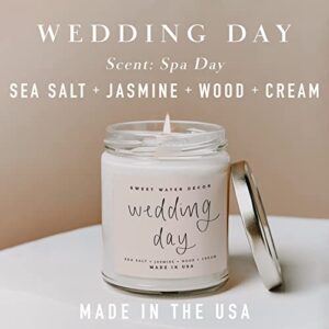 Sweet Water Decor, Wedding Day, Sea Salt, Jasmine, Cream, and Wood Scented Soy Wax Candle for Home | 9oz Clear Jar, 40 Hour Burn Time, Made in the USA