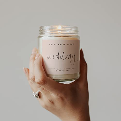 Sweet Water Decor, Wedding Day, Sea Salt, Jasmine, Cream, and Wood Scented Soy Wax Candle for Home | 9oz Clear Jar, 40 Hour Burn Time, Made in the USA