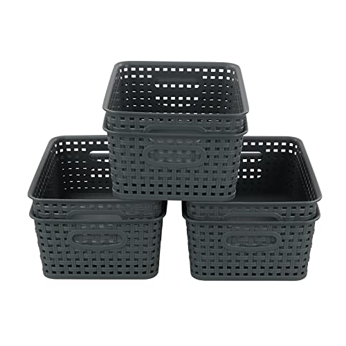 Waikhomes Set of 6 Plastic Weave Storage Basket, Small Organizer Basket Bin (Grey), T