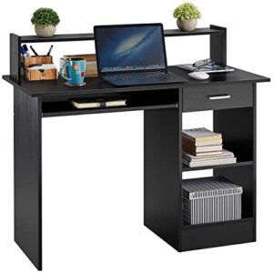 yaheetech home office wood computer desk with drawers and pull-out keyboard tray, study writing desk pc laptop table with hutch and storage shelves, modern workstation, black