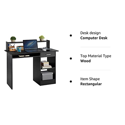 Yaheetech Home Office Wood Computer Desk with Drawers and Pull-Out Keyboard Tray, Study Writing Desk PC Laptop Table with Hutch and Storage Shelves, Modern Workstation, Black