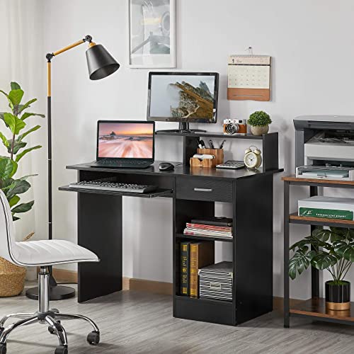 Yaheetech Home Office Wood Computer Desk with Drawers and Pull-Out Keyboard Tray, Study Writing Desk PC Laptop Table with Hutch and Storage Shelves, Modern Workstation, Black