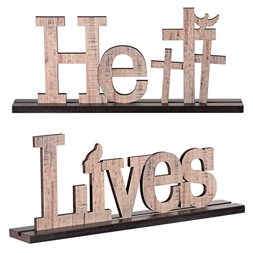 2 Pieces Easter Religious He Lives Table Top Decoration Easter Wooden Table Sign Easter Jesus Cross Inspirational Ornament Rustic Tabletop Decoration for Easter Party Holidays