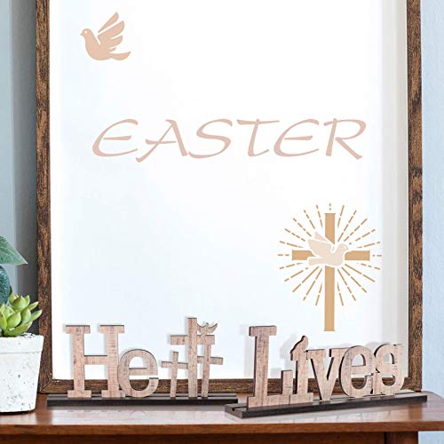 2 Pieces Easter Religious He Lives Table Top Decoration Easter Wooden Table Sign Easter Jesus Cross Inspirational Ornament Rustic Tabletop Decoration for Easter Party Holidays