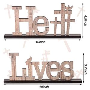 2 Pieces Easter Religious He Lives Table Top Decoration Easter Wooden Table Sign Easter Jesus Cross Inspirational Ornament Rustic Tabletop Decoration for Easter Party Holidays