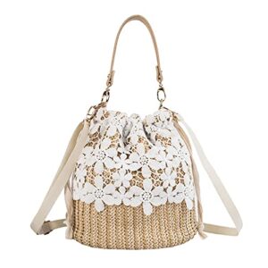 rong shop women cross body bohemian straw bag straw drawstring bucket straw bag flower lace decor handwoven rattan bag, flower