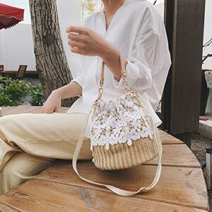 Rong Shop Women Cross Body Bohemian Straw Bag Straw Drawstring Bucket Straw Bag Flower Lace Decor Handwoven Rattan Bag, Flower