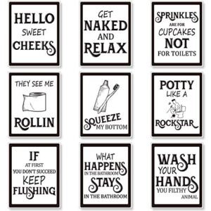 9 pieces bathroom wall decor, funny vintage bathroom sign bathroom quotes sayings art prints bathroom posters for wall restroom bathroom decor pictures, unframed (black font)