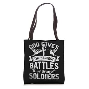 strongest soldiers bird white ribbon warrior lung cancer tote bag