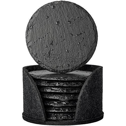 Urbanstrive Eco-Friendly Slate Drink Coasters with Holder, Set of 8, Round Slate Stone Coasters for Drinks Bar Home, 4 Inch, Black