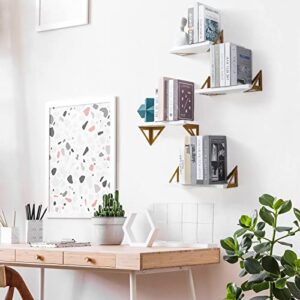 Titanape White Floating Shelves for Bedroom Living Room Decor Aesthetic, Solid Wood Wall Mounted Shelves with Gold Brackets for Bathroom Kitchen Storage Bookshelf for Wall Office Decor