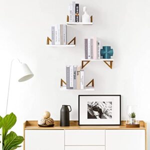 Titanape White Floating Shelves for Bedroom Living Room Decor Aesthetic, Solid Wood Wall Mounted Shelves with Gold Brackets for Bathroom Kitchen Storage Bookshelf for Wall Office Decor