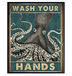 octopus nautical bathroom wall art & decor – funny beach bathroom decor – bath wall decor – cute unique bathroom pictures decorations poster – wash your hands sign – guest bathroom – powder room