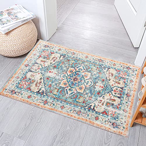 GEVES Cream Green Boho Area Rug Persian Oriental 2x3 Entryway Rugs for Bedroom Kitchen Bathroom Decor Doormat Washable Indoor Use Non-Slip Rubber Backing