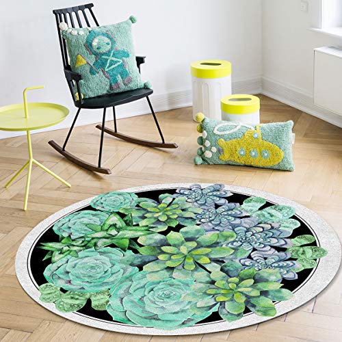 Savannan Round Area Rugs Mats, 4ft Diameter Non-Slip Soft Cozy Floor Rugs for College Dorm Bedroom Office Living Room, Watercolor Green Succulent Plants Potted Plants