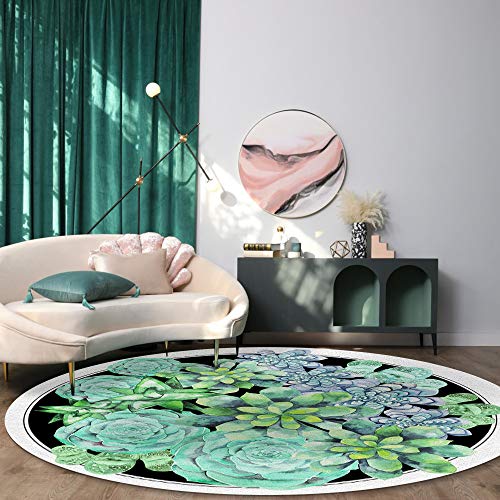 Savannan Round Area Rugs Mats, 4ft Diameter Non-Slip Soft Cozy Floor Rugs for College Dorm Bedroom Office Living Room, Watercolor Green Succulent Plants Potted Plants