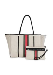 haute shore – greyson roma neoprene tote bag w/zipper wristlet inside, beige w/olive, black, & red stripe
