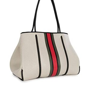 Haute Shore - Greyson Roma Neoprene Tote Bag w/Zipper Wristlet Inside, Beige W/Olive, Black, & Red Stripe