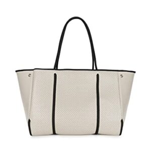 Haute Shore - Greyson Roma Neoprene Tote Bag w/Zipper Wristlet Inside, Beige W/Olive, Black, & Red Stripe