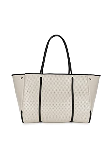 Haute Shore - Greyson Roma Neoprene Tote Bag w/Zipper Wristlet Inside, Beige W/Olive, Black, & Red Stripe