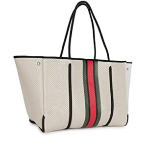 Haute Shore - Greyson Roma Neoprene Tote Bag w/Zipper Wristlet Inside, Beige W/Olive, Black, & Red Stripe