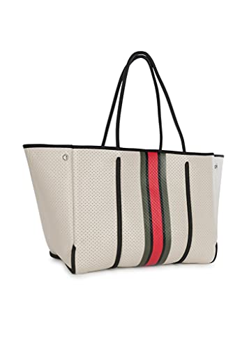 Haute Shore - Greyson Roma Neoprene Tote Bag w/Zipper Wristlet Inside, Beige W/Olive, Black, & Red Stripe