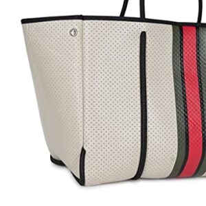 Haute Shore - Greyson Roma Neoprene Tote Bag w/Zipper Wristlet Inside, Beige W/Olive, Black, & Red Stripe