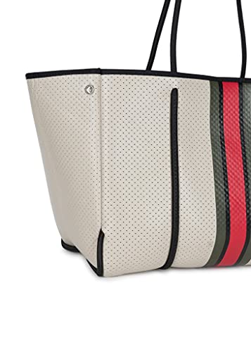 Haute Shore - Greyson Roma Neoprene Tote Bag w/Zipper Wristlet Inside, Beige W/Olive, Black, & Red Stripe