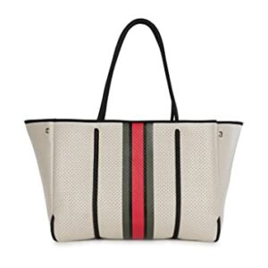 Haute Shore - Greyson Roma Neoprene Tote Bag w/Zipper Wristlet Inside, Beige W/Olive, Black, & Red Stripe