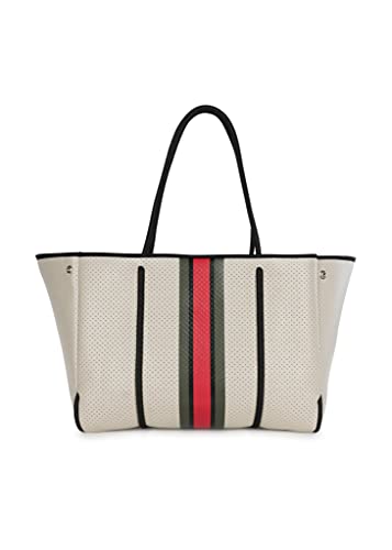 Haute Shore - Greyson Roma Neoprene Tote Bag w/Zipper Wristlet Inside, Beige W/Olive, Black, & Red Stripe