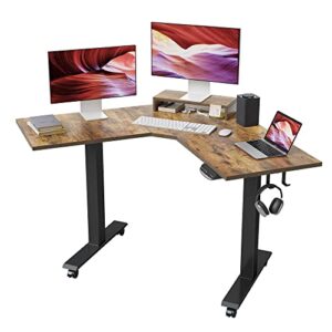 fezibo dual motor l shaped electric standing desk, 48 inches stand up corner desk, home office sit stand desk with rustic brown top and black frame