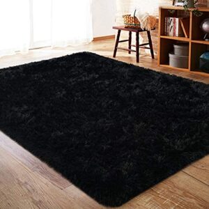 iseau black rug carpets soft shaggy 4×6 feet rugs for bedroom living room, fluffy area rug floor rug, fuzzy and comfy carpet nursery shag rug for kids boys room decor