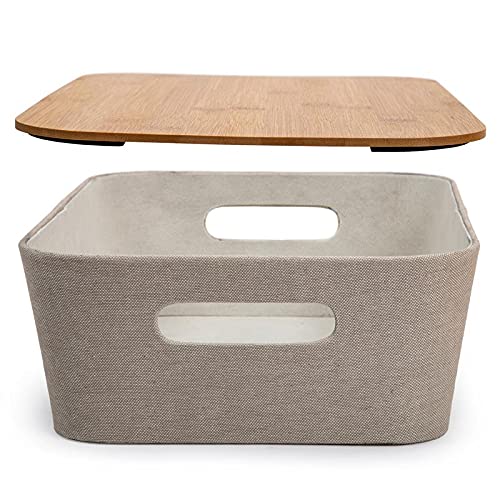 Truu Design Modern Woven Paper Fabric Storage Basket with Bamboo Lid in Beige