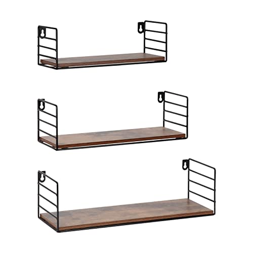 Amazon Brand – Pinzon Rustic Floating Shelves Wall Mounted, Wall Storage Shelf for Living Room Kitchen Office, Brown (Set of 3)