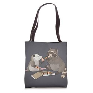 possum and raccoon eating pizza tote bag
