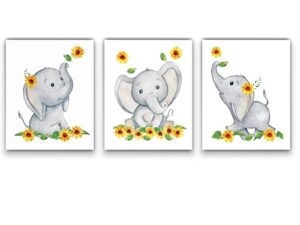 elephant and sunflower nursery decor- nursery wall art set of 3 8×10 unframed watercolor nursery prints will fit perfectly with your baby elephant nursery decor, sunflower decor, and sunflower baby stuff! made in usa