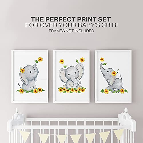 Elephant and Sunflower Nursery Decor- Nursery Wall Art SET of 3 8x10 UNFRAMED Watercolor Nursery Prints will fit perfectly with your Baby Elephant Nursery Decor, Sunflower Decor, and Sunflower Baby Stuff! MADE IN USA