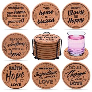 coasterlux cork coasters for drinks absorbent with holder – cute & funny set of 8 large round outdoor cup coasters for wooden table protection, coffee trivet, cups and mugs – cool drink coaster gift
