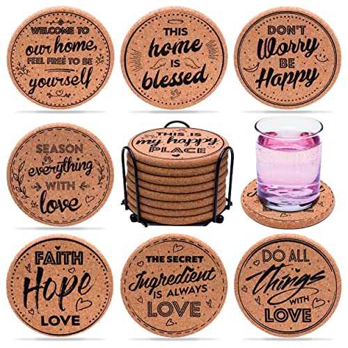 Coasterlux Cork Coasters for Drinks Absorbent with Holder - Cute & Funny Set of 8 Large Round Outdoor Cup Coasters for Wooden Table Protection, Coffee Trivet, Cups and Mugs - Cool Drink Coaster Gift