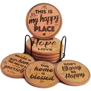 Coasterlux Cork Coasters for Drinks Absorbent with Holder - Cute & Funny Set of 8 Large Round Outdoor Cup Coasters for Wooden Table Protection, Coffee Trivet, Cups and Mugs - Cool Drink Coaster Gift