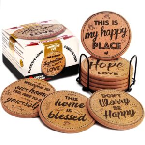 Coasterlux Cork Coasters for Drinks Absorbent with Holder - Cute & Funny Set of 8 Large Round Outdoor Cup Coasters for Wooden Table Protection, Coffee Trivet, Cups and Mugs - Cool Drink Coaster Gift