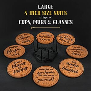 Coasterlux Cork Coasters for Drinks Absorbent with Holder - Cute & Funny Set of 8 Large Round Outdoor Cup Coasters for Wooden Table Protection, Coffee Trivet, Cups and Mugs - Cool Drink Coaster Gift