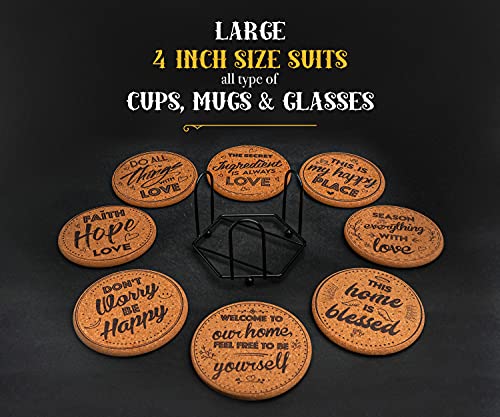 Coasterlux Cork Coasters for Drinks Absorbent with Holder - Cute & Funny Set of 8 Large Round Outdoor Cup Coasters for Wooden Table Protection, Coffee Trivet, Cups and Mugs - Cool Drink Coaster Gift