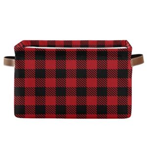 alaza decorative basket rectangular storage bin, black and red lumberjack plaid organizer basket with leather handles for home office